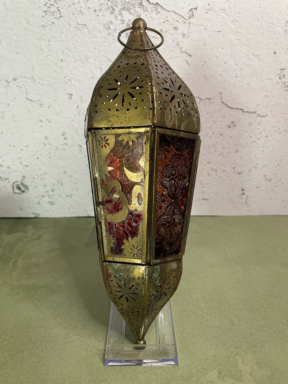 Moroccan Style Brass and Glass Hanging Lantern with Red and Gold Accents